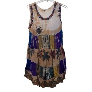 Shoreline Crepe Sundress Cover Up Beachwear Sun Palm Trees Embroidered OSFM